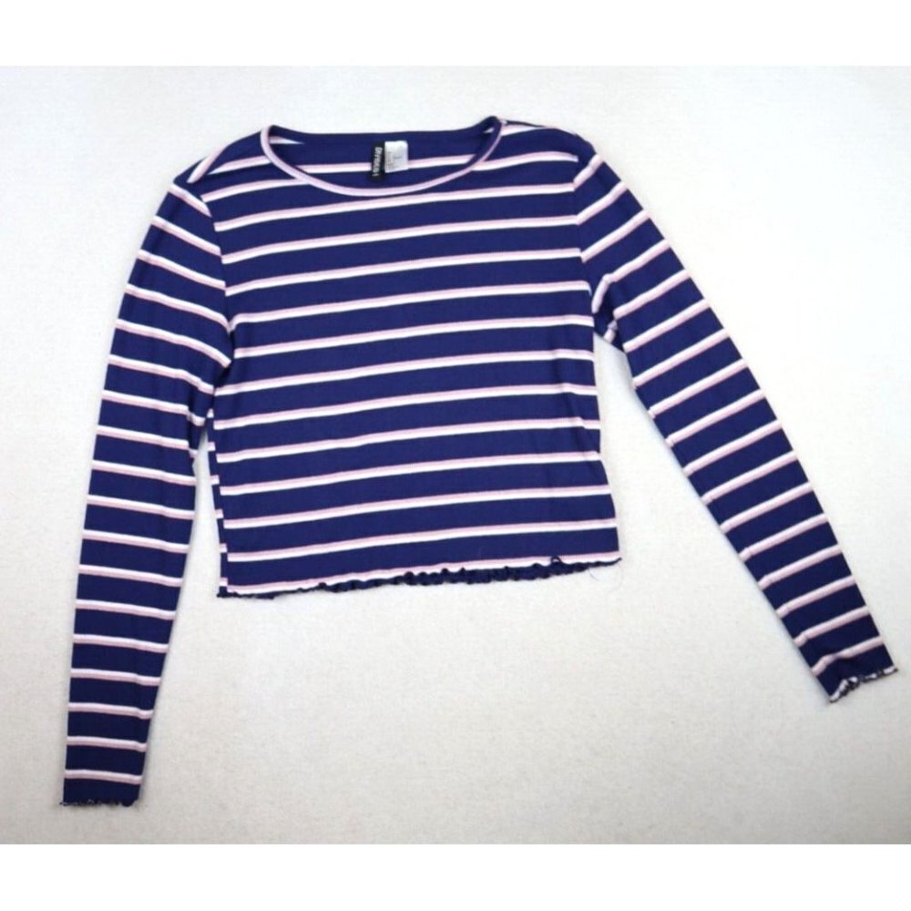 H&M DIVIDED - WOMEN'S BLUE STRIPED RIBBED CROPPED LONG SLEEVE T-SHIRT TOP - L